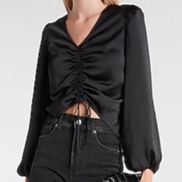 CeCe Tops - CECE RUCHED FRONT & RUCHED SLEEVES BLACK POLY BLEND BLOUSE SIZE SMALL